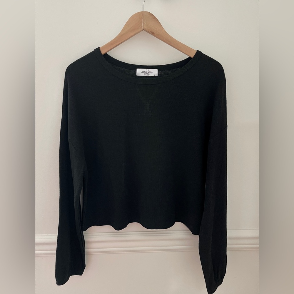 Carly Jean Los Angeles Kayce Black Ribbed Thermal Long Sleeve Top - Size Large